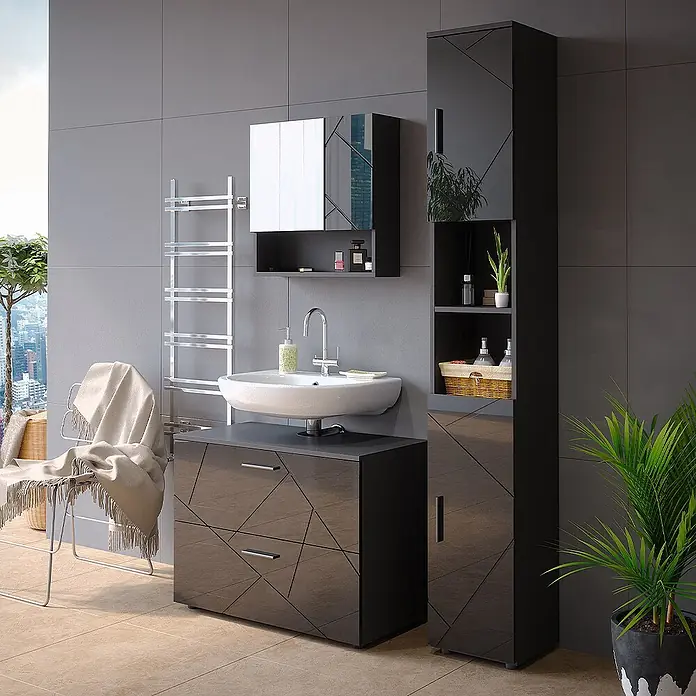 Vicco Badmöbel-Set Irma Anthrazit Hochglanz 3 Teile,mit Schubladenschrank und Hochschrank - Anthrazit Hochglanz, Glänzend - Moderne dunkle Badmöbel-Garnitur mit geometrischem Muster: Waschtisch mit Waschbecken, Spiegelschrank und Hochschrank.