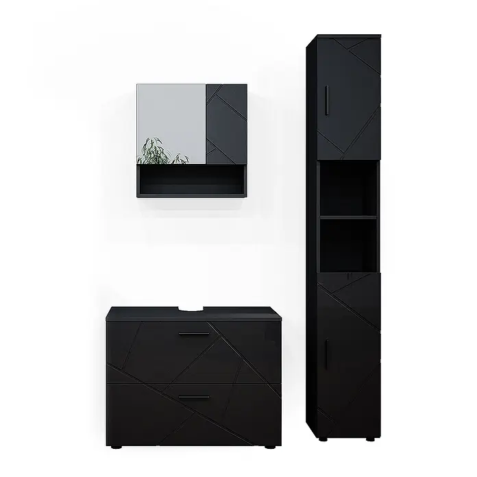 Vicco Badmöbel-Set Irma Anthrazit Hochglanz 3 Teile,mit Schubladenschrank und Hochschrank - Anthrazit Hochglanz, Glänzend - Schwarzes Badmöbel-Set mit geometrischen Mustern, bestehend aus Waschtischunterschrank, Spiegelschrank und Hochschrank.