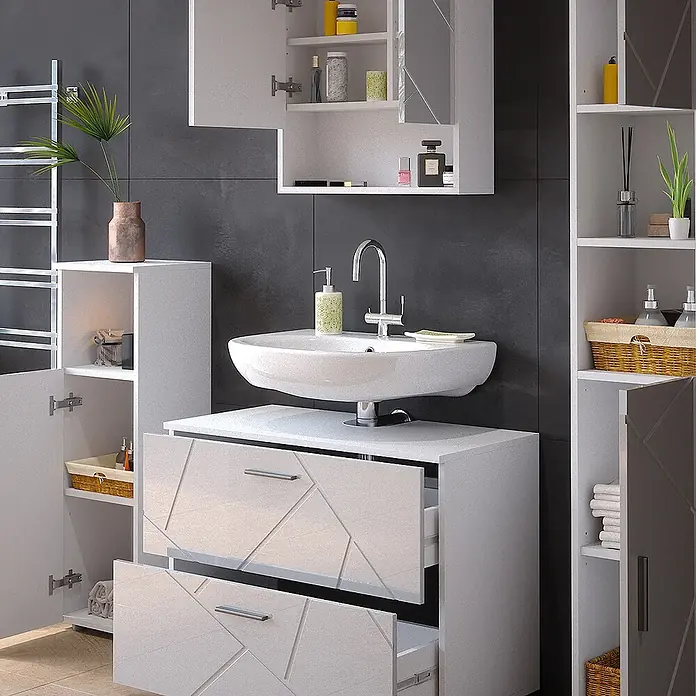 Vicco Badmöbel-Set Irma Weiß Hochglanz 4 Teile, mit Schubladenschrank und Hochschrank - Gesamtbreite Badmöbel: 140 cm, Weiß Hochglanz, Glänzend - Moderne weiße Badmöbel mit geometrisch gemusterten Schubladen, Waschbecken und passenden Schränken.