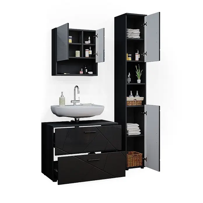 Vicco Badmöbel-Set Irma Anthrazit Hochglanz 3 Teile,mit Schubladenschrank und Hochschrank - Anthrazit Hochglanz, Glänzend - Schwarzes Badezimmermöbel-Set mit Aufsatzwaschbecken, Spiegelschrank und hohem Stauraumschrank.