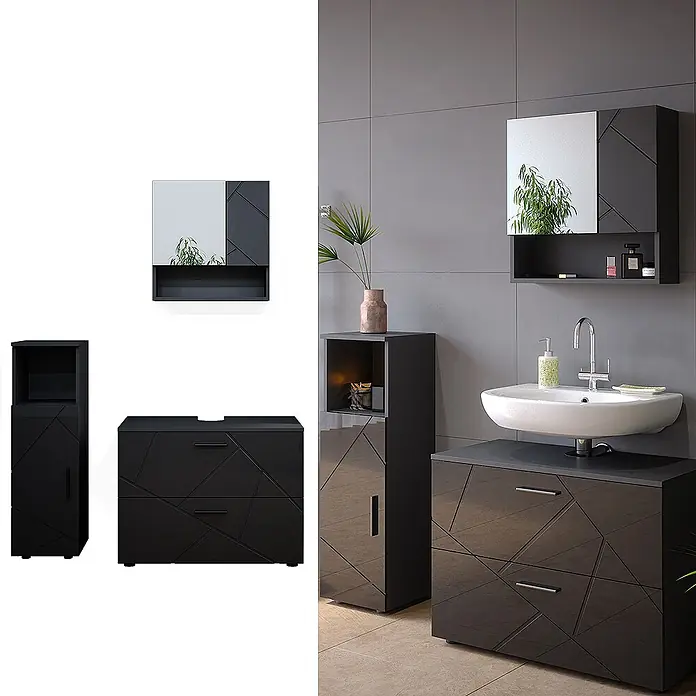 Vicco Badmöbel-Set Irma Anthrazit Hochglanz 3 Teile, mit Midischrank - Gesamtbreite Badmöbel: 110 cm, Anthrazit Hochglanz, Glänzend - Schwarze Badmöbel-Garnitur mit geometrischem Muster, bestehend aus Waschtisch, Hochschrank und Spiegelschrank mit Ablage.