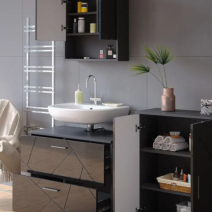 Vicco Badmöbel-Set Irma Anthrazit Hochglanz 3 Teile, mit Unterschrank 80 cm - Gesamtbreite Badmöbel: 140 cm, Anthrazit Hochglanz, Glänzend - Moderner dunkelgrauer Badschrank mit weißem Waschbecken, glänzenden Schubladenfronten und offenen Ablagen für Handtücher.