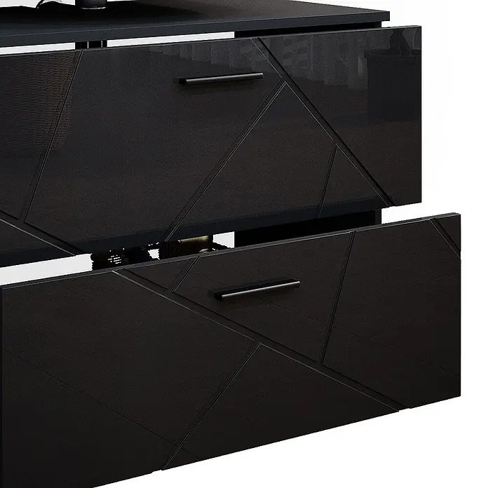 Vicco Badmöbel-Set Irma Anthrazit Hochglanz 3 Teile, mit Unterschrank 80 cm - Gesamtbreite Badmöbel: 140 cm, Anthrazit Hochglanz, Glänzend - Dunkler, glänzender Schrank mit geometrisch gemusterten Schubladen und eleganten Griffen, eine Schublade leicht geöffnet.