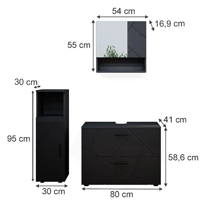 Vicco Badmöbel-Set Irma Anthrazit Hochglanz 3 Teile, mit Midischrank - Gesamtbreite Badmöbel: 110 cm, Anthrazit Hochglanz, Glänzend - Set aus drei schwarzen Badmöbeln mit geometrischem Muster: Spiegelschrank, Hochschrank und Waschtischunterschrank mit zwei Schubladen.