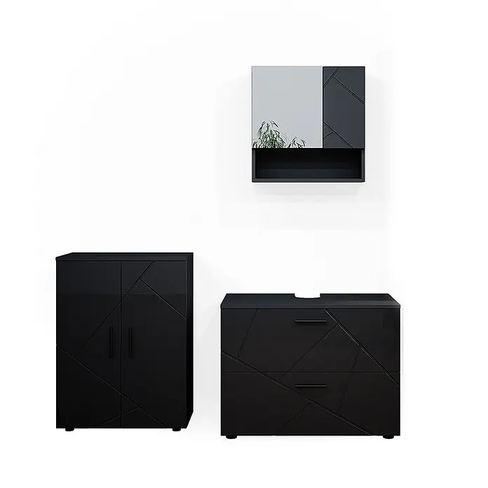 Vicco Badmöbel-Set Irma Anthrazit Hochglanz 3 Teile, mit Unterschrank 80 cm - Gesamtbreite Badmöbel: 140 cm, Anthrazit Hochglanz, Glänzend - Modernes schwarzes Badezimmermöbel-Set mit geometrischem Muster: ein Hochschrank, ein Waschtischunterschrank und ein wandmontierter Spiegelschrank mit offenem Regal.