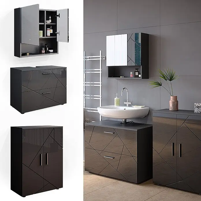 Vicco Badmöbel-Set Irma Anthrazit Hochglanz 3 Teile, mit Unterschrank 80 cm - Gesamtbreite Badmöbel: 140 cm, Anthrazit Hochglanz, Glänzend - Glänzendes dunkelgraues Badmöbelset mit geometrischem Muster: Spiegelschrank, Waschtischunterschrank und Hochschrank in einem modernen Bad.