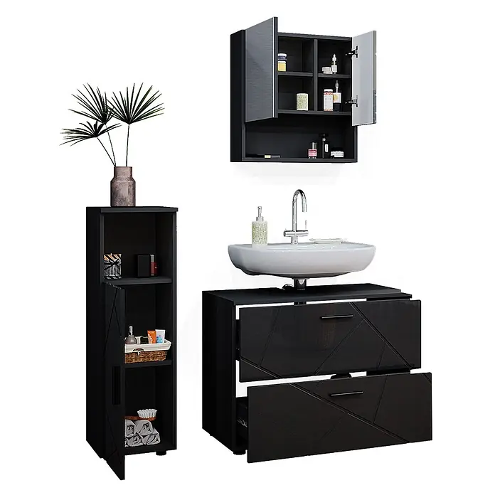 Vicco Badmöbel-Set Irma Anthrazit Hochglanz 3 Teile, mit Midischrank - Gesamtbreite Badmöbel: 110 cm, Anthrazit Hochglanz, Glänzend - Dunkles Badezimmer-Waschtischset mit Waschbecken, Wandschrank und hohem Hochschrank, mit geometrischen Schubladenfronten.
