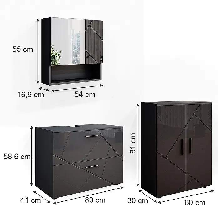 Vicco Badmöbel-Set Irma Anthrazit Hochglanz 3 Teile, mit Unterschrank 80 cm - Gesamtbreite Badmöbel: 140 cm, Anthrazit Hochglanz, Glänzend - Drei dunkelgraue Hochglanz-Badmöbel: ein Spiegelschrank, ein 2-Schubladen-Waschtisch und ein 2-türiger Schrank mit geometrischen Mustern.