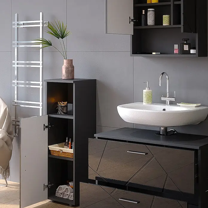 Vicco Badmöbel-Set Irma Anthrazit Hochglanz 3 Teile, mit Midischrank - Gesamtbreite Badmöbel: 110 cm, Anthrazit Hochglanz, Glänzend - Moderne dunkelgraue Badmöbel mit weißem Waschbecken, Chromarmatur und passendem Hochschrank.