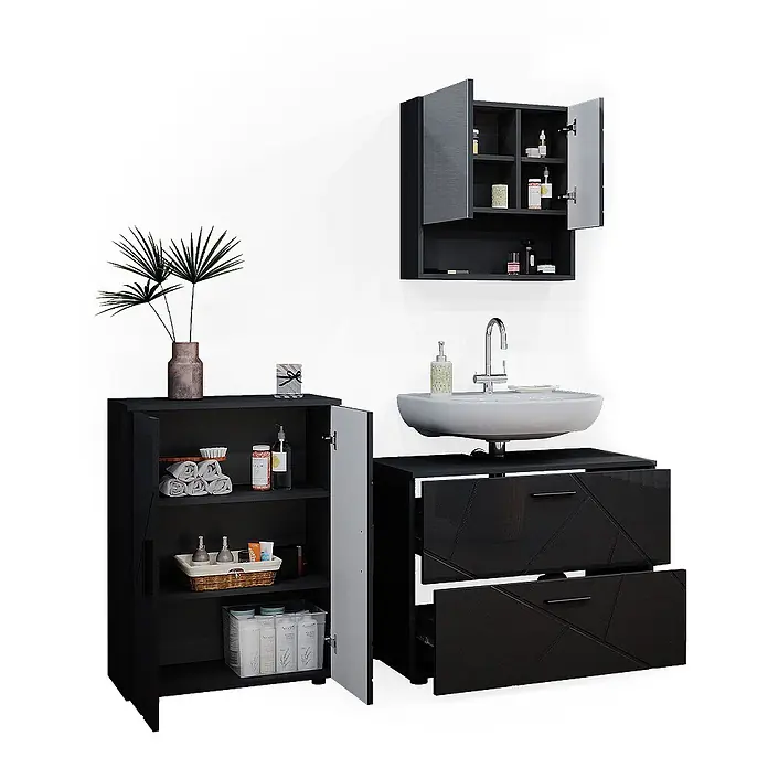 Vicco Badmöbel-Set Irma Anthrazit Hochglanz 3 Teile, mit Unterschrank 80 cm - Gesamtbreite Badmöbel: 140 cm, Anthrazit Hochglanz, Glänzend - Schwarzes Badezimmermöbel-Set mit Waschbecken, Wandschrank und Beistellschrank.