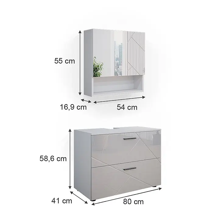 Vicco Badmöbel-Set Irma Weiß Hochglanz 2 Teile - Gesamtbreite Badmöbel: 80 cm, Weiß Hochglanz, Glänzend - Hellgraues, glänzendes Badmöbel-Set: Spiegelschrank und Waschtischunterschrank mit geometrischen Mustern.