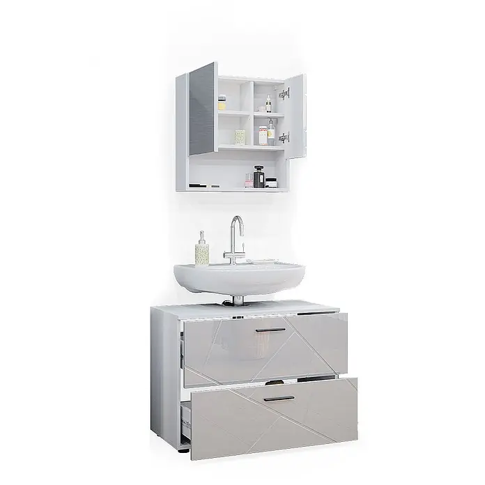 Vicco Badmöbel-Set Irma Weiß Hochglanz 2 Teile - Gesamtbreite Badmöbel: 80 cm, Weiß Hochglanz, Glänzend - Moderner weiß-grauer Badschrank mit Waschbecken, Chromarmatur, offenem Wandschrank. Schubladen mit geometrischem Muster, leicht geöffnet.