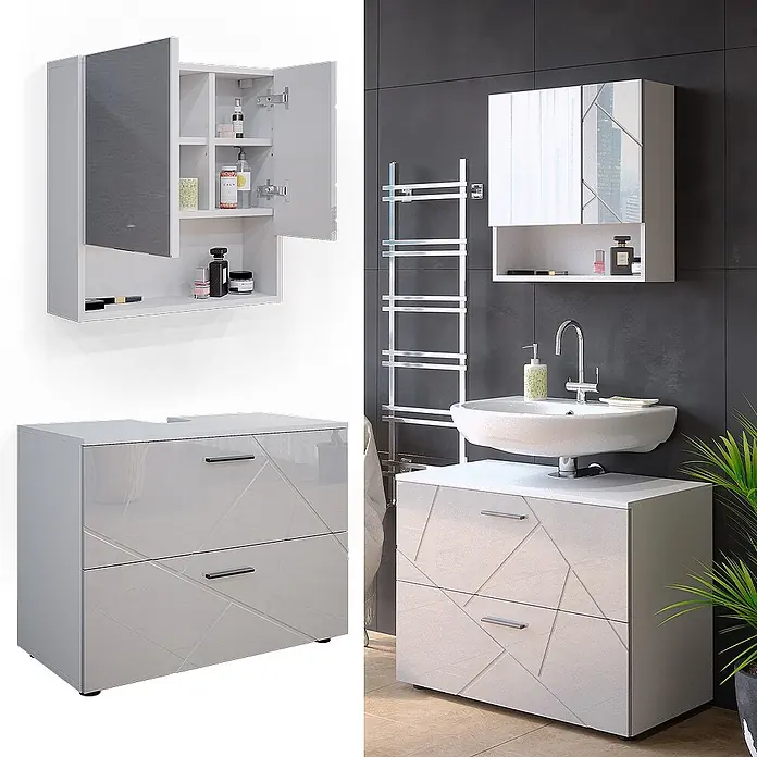 Vicco Badmöbel-Set Irma Weiß Hochglanz 2 Teile - Gesamtbreite Badmöbel: 80 cm, Weiß Hochglanz, Glänzend - Glänzender weißer Badunterschrank mit geometrischem Muster, zwei Schubladen und passendem Spiegelschrank mit offenem Fach.