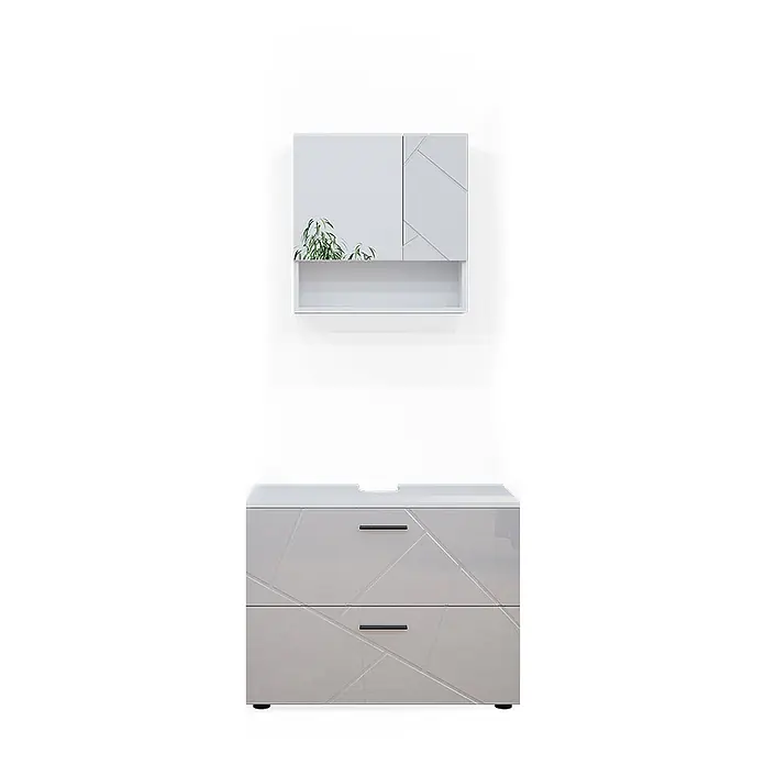 Vicco Badmöbel-Set Irma Weiß Hochglanz 2 Teile - Gesamtbreite Badmöbel: 80 cm, Weiß Hochglanz, Glänzend - Hellgraues geometrisches Badmöbelset: Waschtischunterschrank und passender Spiegelschrank.
