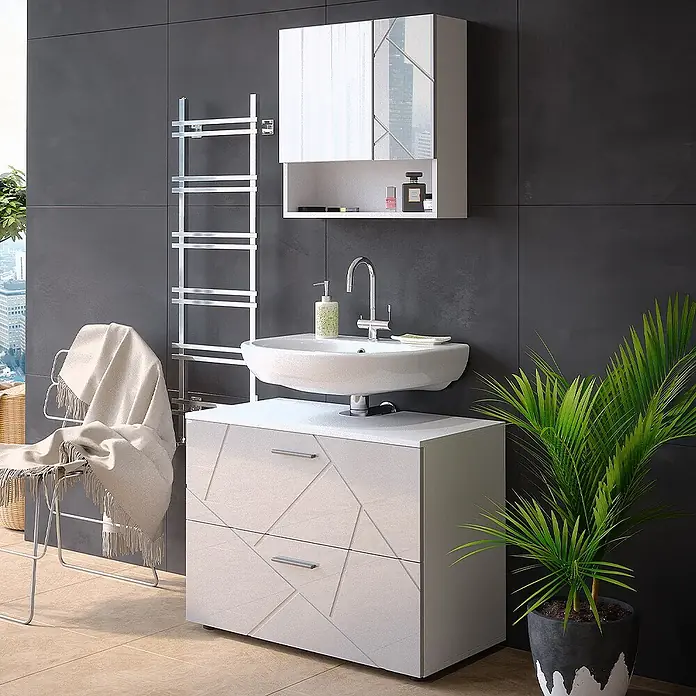 Vicco Badmöbel-Set Irma Weiß Hochglanz 2 Teile - Gesamtbreite Badmöbel: 80 cm, Weiß Hochglanz, Glänzend - Moderner weißer Badunterschrank mit gemusterten Schubladen, integriertem Waschbecken und passendem Spiegelschrank.
