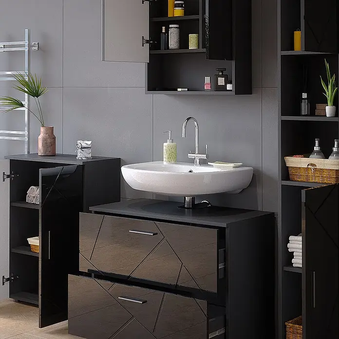 Vicco Badmöbel-Set Irma Anthrazit Hochglanz 4 Teile,mit Schubladenschrank und Midischrank - Anthrazit Hochglanz, Glänzend - Moderne dunkelgraue Badmöbel mit geometrisch gemusterten Schubladen, weißem Waschbecken und passenden Stauschränken.