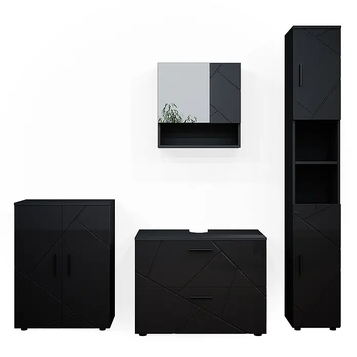 Vicco Badmöbel-Set Irma Anthrazit Hochglanz 4 Teile,mit Schubladenschrank und Midischrank - Anthrazit Hochglanz, Glänzend - Schwarzes Badezimmermöbel-Set mit geometrischem Muster, inkl. Waschtisch, Hochschrank und Spiegelschrank.