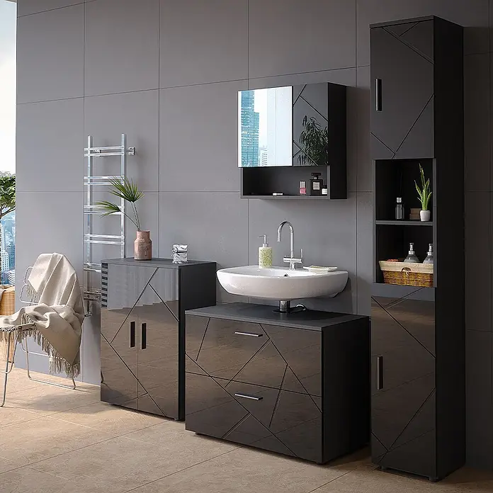 Vicco Badmöbel-Set Irma Anthrazit Hochglanz 4 Teile,mit Schubladenschrank und Midischrank - Anthrazit Hochglanz, Glänzend - Dunkelgraue Badmöbelgarnitur mit geometrischem Muster, bestehend aus Waschtischunterschrank, Hochschrank, Seitenschrank und Spiegelschrank.