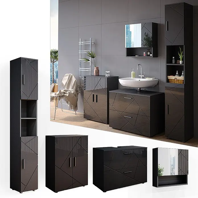 Vicco Badmöbel-Set Irma Anthrazit Hochglanz 4 Teile,mit Schubladenschrank und Midischrank - Anthrazit Hochglanz, Glänzend - Dunkelgraue Badmöbelgarnitur mit geometrischem Muster auf Türen und Schubladen, inkl. Hochschränken, Waschtisch und Spiegelschrank.