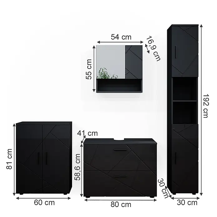 Vicco Badmöbel-Set Irma Anthrazit Hochglanz 4 Teile,mit Schubladenschrank und Midischrank - Anthrazit Hochglanz, Glänzend - Schwarzes Badezimmermöbelset mit geometrischem Muster, bestehend aus Spiegelschrank, Waschtisch und Hochschrank.