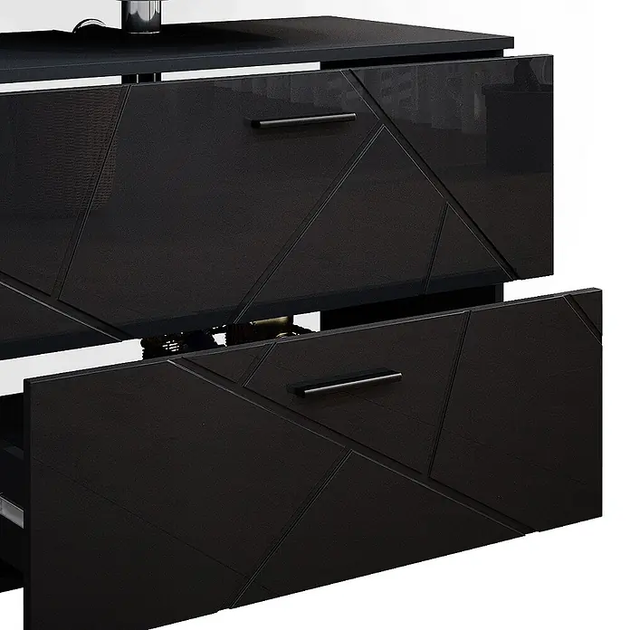 Vicco Badmöbel-Set Irma Anthrazit Hochglanz 4 Teile,mit Schubladenschrank und Midischrank - Anthrazit Hochglanz, Glänzend - Dunkelgraues Medienmöbel mit glänzender Platte und zwei Schubladen mit geometrischem Muster, eine leicht geöffnet.