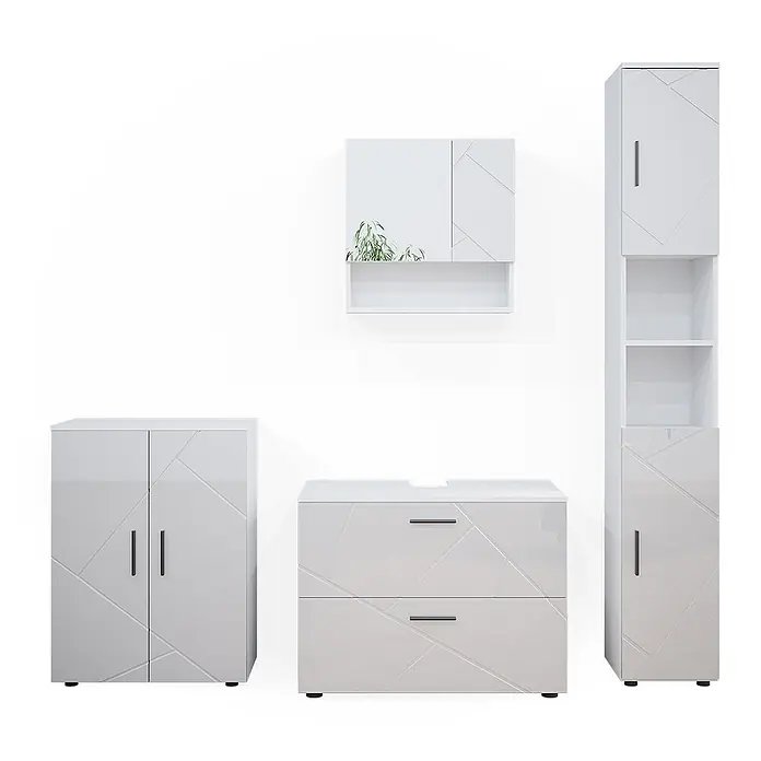 Vicco Badmöbel-Set Irma Weiß Hochglanz 4 Teile, mit Schubladenschrank und Midischrank - Gesamtbreite Badmöbel: 110 cm, Weiß Hochglanz, Glänzend - Weißes, glänzendes Badezimmermöbelset mit geometrischem Muster, bestehend aus Wandschrank, Waschtisch und Aufbewahrungsschränken.