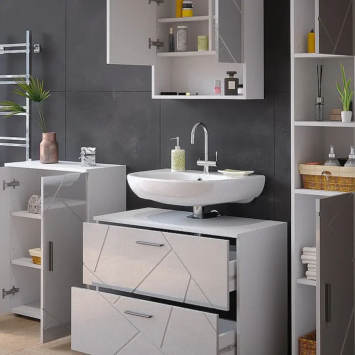 Vicco Badmöbel-Set Irma Weiß Hochglanz 4 Teile, mit Schubladenschrank und Midischrank - Gesamtbreite Badmöbel: 110 cm, Weiß Hochglanz, Glänzend - Modernes weißes Badmöbel-Set mit Waschbecken und geometrisch gemusterten Schubladen, bietet viel Stauraum.