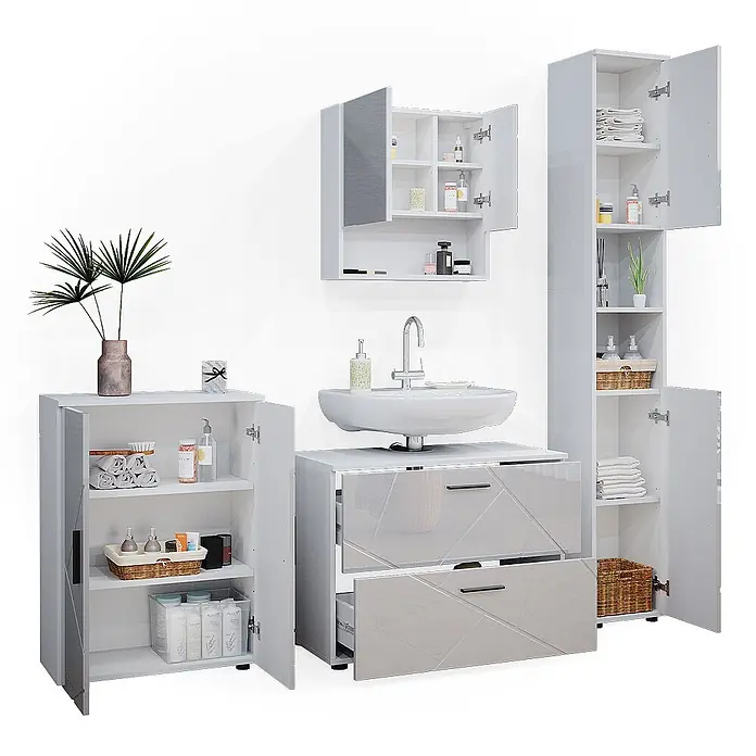 Vicco Badmöbel-Set Irma Weiß Hochglanz 4 Teile, mit Schubladenschrank und Midischrank - Gesamtbreite Badmöbel: 110 cm, Weiß Hochglanz, Glänzend - Weißes Hochglanz-Badezimmermöbelset mit geometrischem Muster, inkl. Waschtischunterschrank mit Waschbecken, Wandschrank, Hochschrank und Unterschrank.