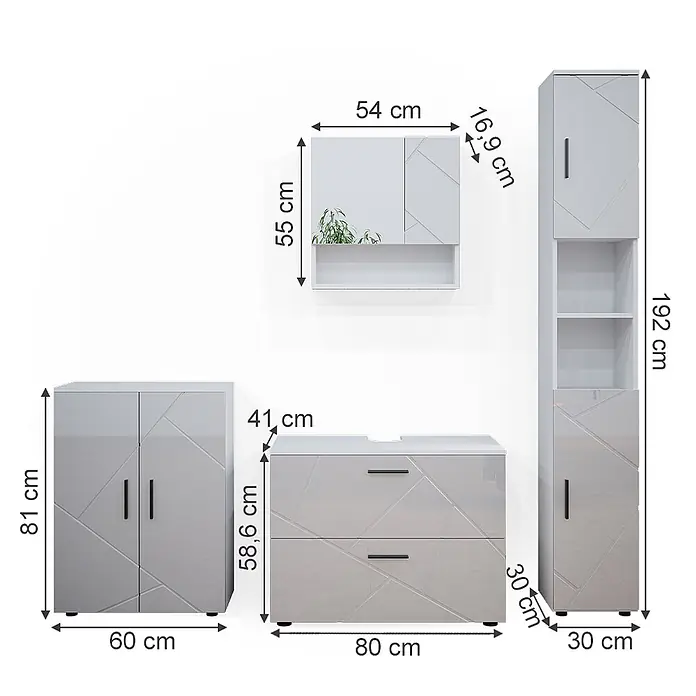 Vicco Badmöbel-Set Irma Weiß Hochglanz 4 Teile, mit Schubladenschrank und Midischrank - Gesamtbreite Badmöbel: 110 cm, Weiß Hochglanz, Glänzend - Modernes Badmöbel-Set in glänzendem Hellgrau/Weiß mit geometrischen Fronten, inkl. Hochschrank, Waschtisch und Schränken.