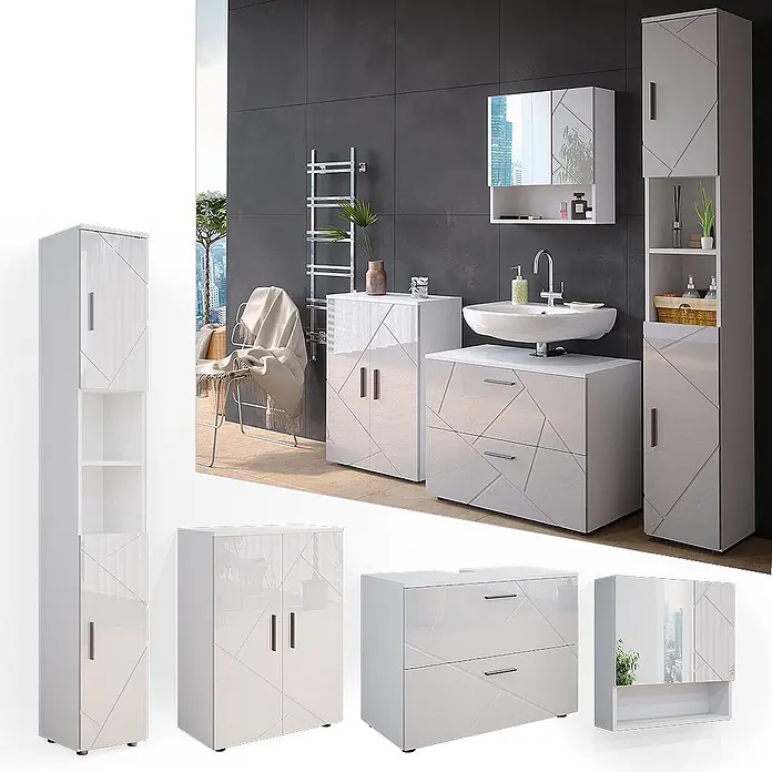 Vicco Badmöbel-Set Irma Weiß Hochglanz 4 Teile, mit Schubladenschrank und Midischrank - Gesamtbreite Badmöbel: 110 cm, Weiß Hochglanz, Glänzend - Modernes, hochglanzweißes Badmöbel-Set mit geometrischem Muster, bestehend aus Waschtisch und Schränken.