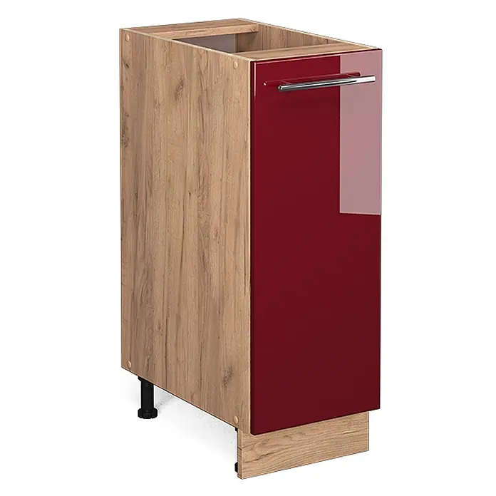 Vicco Schrankküche Fame-Line Bordeaux Hochglanz ohne Arbeitsplatte - Bordeaux Hochglanz, Apothekerunterschrank 30 cm - Unterschrank in Holzoptik mit glänzender roter Tür, silbernem Griff und schwarzen Füßen für die Küche.