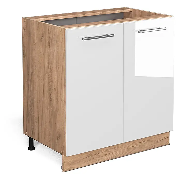 Vicco Schrankküche Fame-Line Weiß Hochglanz mit Regal, ohne Arbeitsplatte - Weiß Hochglanz, Unterschrank 80 cm - Unterschrank in Holzoptik mit zwei weißen Hochglanztüren und silbernen Griffen.