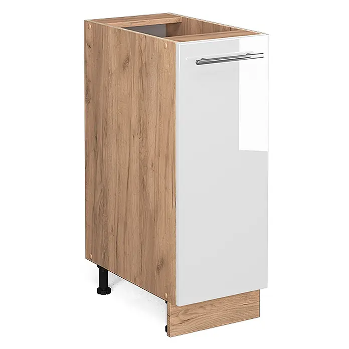 Vicco Schrankküche Fame-Line Weiß Hochglanz ohne Arbeitsplatte - Weiß Hochglanz, Apothekerunterschrank 30 cm - Küchenunterschrank mit heller Holzmaserung, glänzend weißer Tür mit Metallgriff, verstellbaren Füßen und Holzsockelblende.