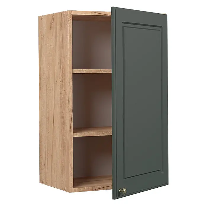 Vicco Schrankküche Fame-Line Grün-Gold Landhaus - Grün-Gold Landhaus, Hängeschrank 45 cm - Holzwandschrank mit offener dunkelgrüner Tür und goldenem Knopf, innen Regale sichtbar.