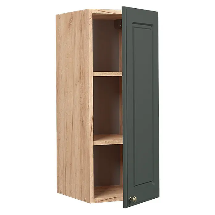 Vicco Schrankküche Fame-Line Grün-Gold Landhaus - Grün-Gold Landhaus, Hängeschrank 30 cm - Hängeschrank in heller Holzoptik mit dunkelgrüner Tür und Messingknopf, leicht geöffnet, um Regalböden zu zeigen.