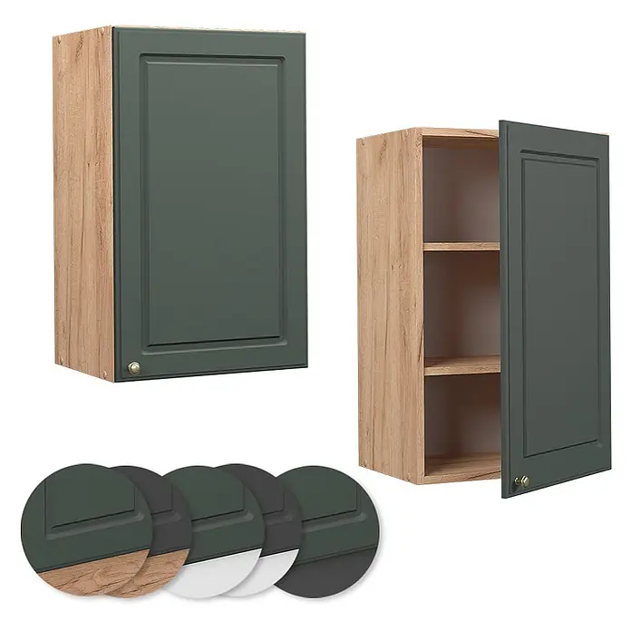 Vicco Schrankküche Fame-Line Grün-Gold Landhaus - Grün-Gold Landhaus, Hängeschrank 45 cm - Dunkelgrüner Schrank mit heller Holzoptik, geschlossen und offen mit Regalböden gezeigt. Farbmuster zeigen alternative Farb- und Materialoptionen.