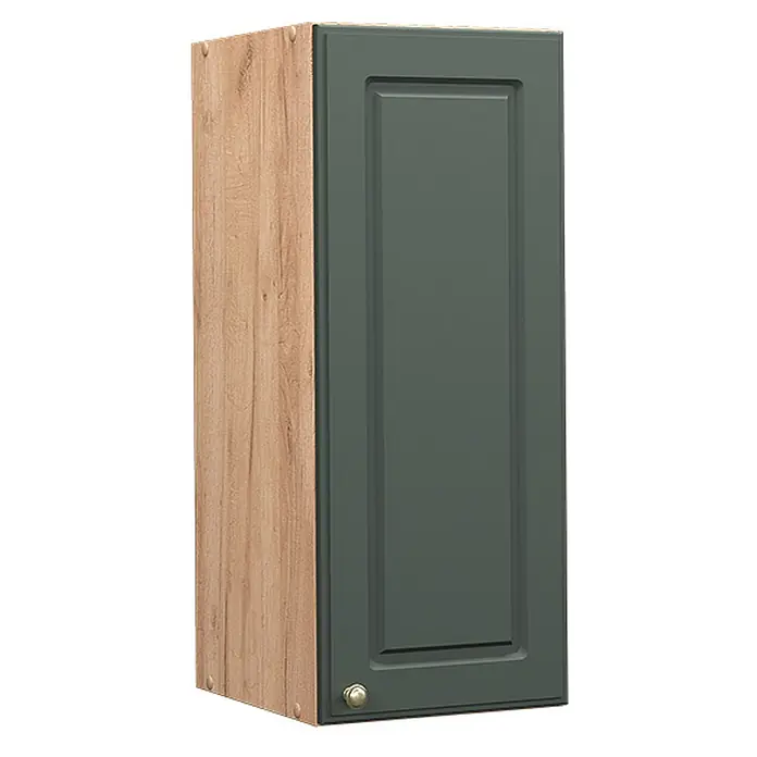 Vicco Schrankküche Fame-Line Grün-Gold Landhaus - Grün-Gold Landhaus, Hängeschrank 30 cm - Hoher, dunkelgrüner Küchenoberschrank mit Kassettenfront, goldenem Knauf und heller Holzmaserung an der Seite.