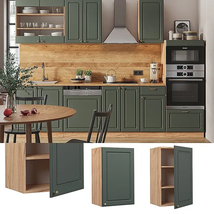 Vicco Schrankküche Fame-Line Grün-Gold Landhaus - Grün-Gold Landhaus, Hängeschrank 45 cm - Dunkelgrüne Küchenschränke mit Holzoptik-Elementen und goldenen Knäufen, Teil einer stilvollen Kücheneinrichtung.