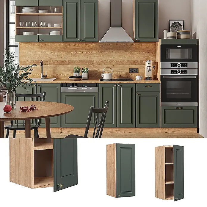 Vicco Schrankküche Fame-Line Grün-Gold Landhaus - Grün-Gold Landhaus, Hängeschrank 30 cm - Dunkelgrüne Küchenschränke mit Holzdetails, darunter Wand-, Unter- und offene Regaleinheiten, in einer funktionalen Küche.