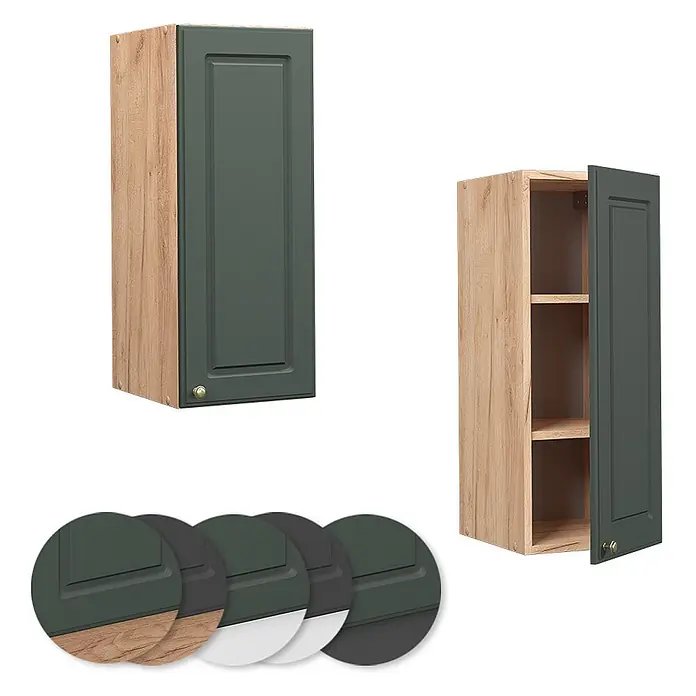 Vicco Schrankküche Fame-Line Grün-Gold Landhaus - Grün-Gold Landhaus, Hängeschrank 30 cm - Holz-Wandküchenschrank mit dunkelgrüner Shaker-Tür, geschlossen und geöffnet mit Regalen.