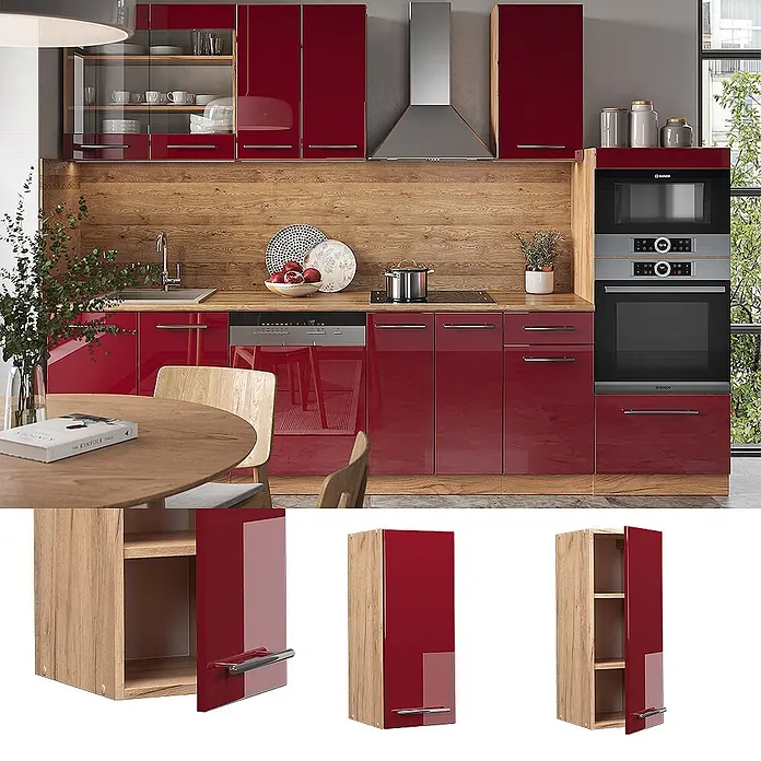 Vicco Schrankküche Fame-Line Bordeaux Hochglanz - Bordeaux Hochglanz, Hängeschrank 30 cm - Moderne Küche mit hochglänzenden roten Schränken, Holzdekor-Paneelen und integrierten Geräten.