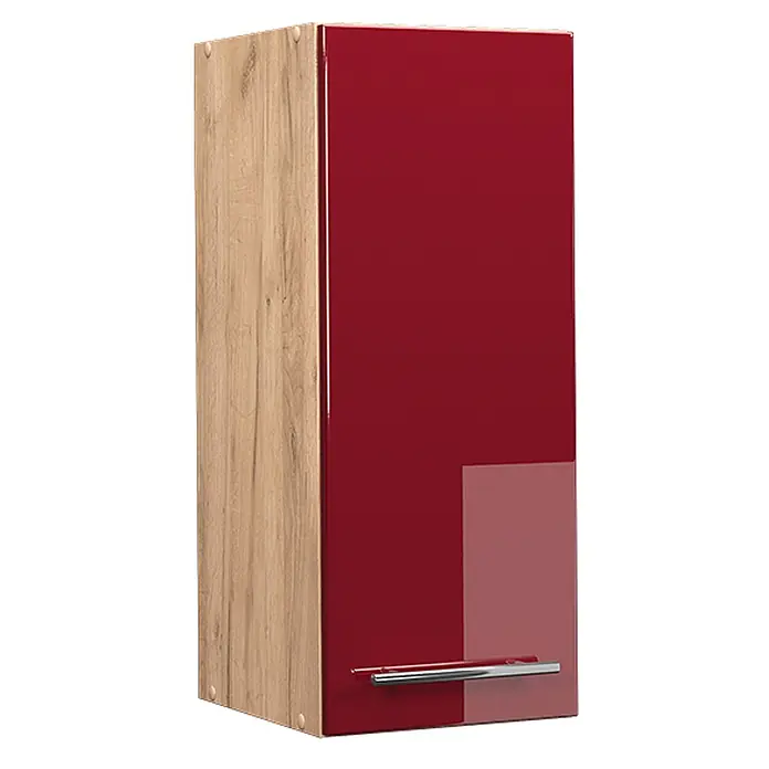 Vicco Schrankküche Fame-Line Bordeaux Hochglanz - Bordeaux Hochglanz, Hängeschrank 30 cm - Roter Hochglanz-Küchenschrank mit heller Holzmaserung und Chromgriff.