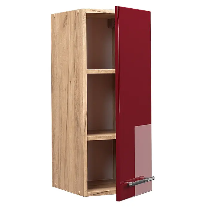 Vicco Schrankküche Fame-Line Bordeaux Hochglanz - Bordeaux Hochglanz, Hängeschrank 30 cm - Heller Holzschrank mit glänzender roter Tür, innenliegenden Regalen und silbernem Griff. Die Tür ist leicht geöffnet.