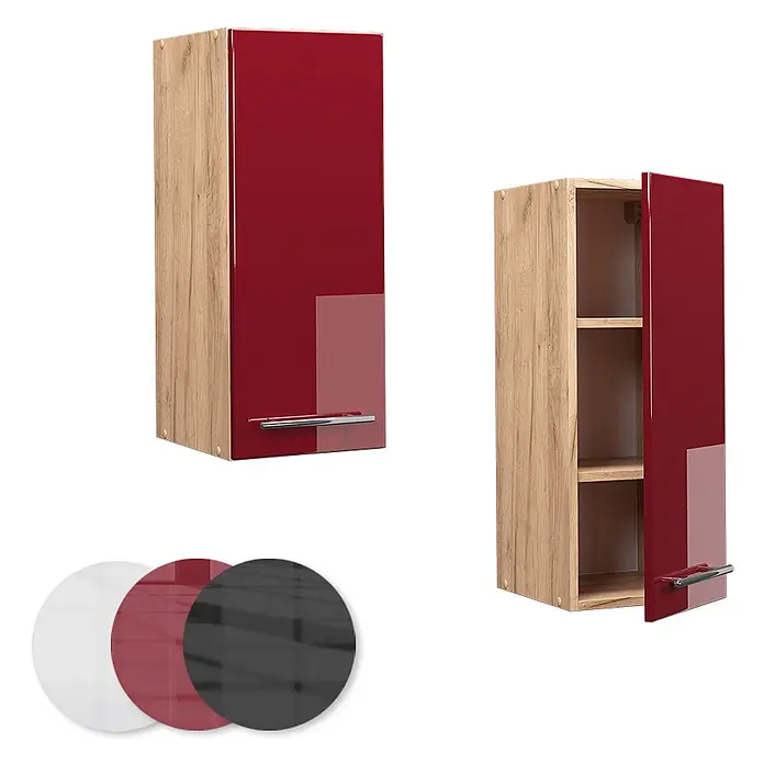 Vicco Schrankküche Fame-Line Bordeaux Hochglanz - Bordeaux Hochglanz, Hängeschrank 30 cm - Zwei hochglanzrote Küchenoberschränke mit Holzkorpus, einer offen mit Regalböden. Inkl. weißen, roten, schwarzen Farbmustern.