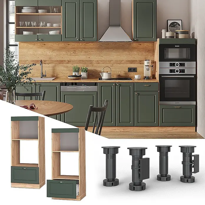 Vicco Schrankküche Fame-Line Grün-Gold Landhaus offen - Grün-Gold Landhaus, Mikrowellenumbauschrank 60 cm (offen) - Modulare grüne Küche mit Holzdetails, integrierten Geräten und passenden Regalelementen.