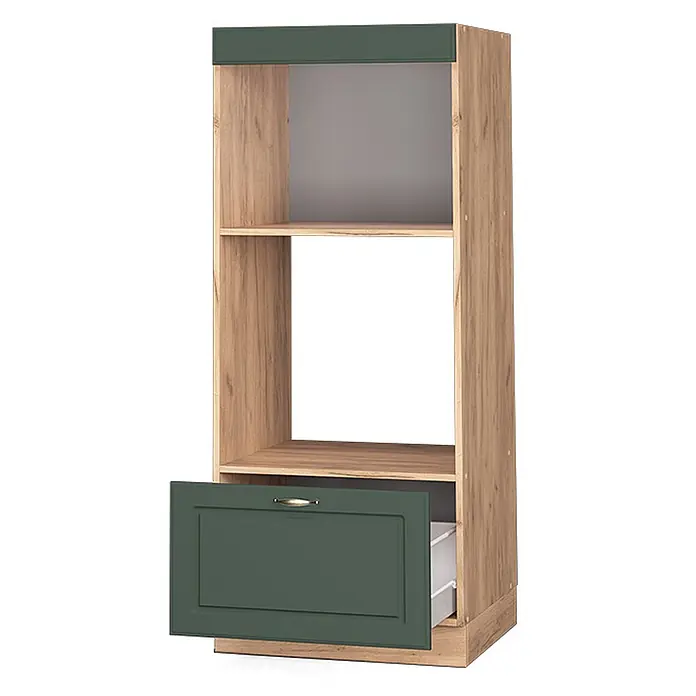 Vicco Schrankküche Fame-Line Grün-Gold Landhaus offen - Grün-Gold Landhaus, Mikrowellenumbauschrank 60 cm (offen) - Hoher Küchenschrank mit Holzoptik-Regalen, dunkelgrüner Platte und teilweise geöffneter dunkelgrüner Schublade.
