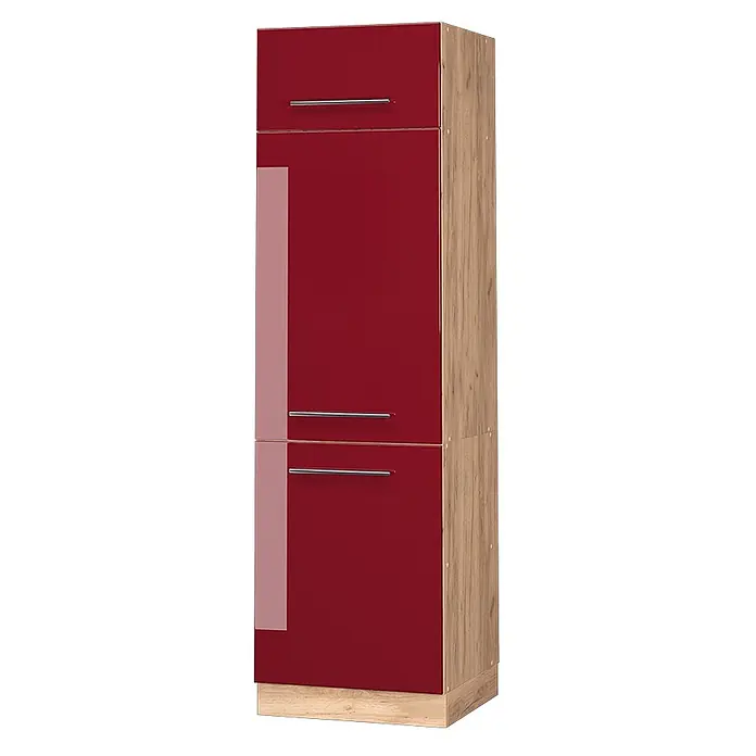 Vicco Schrankküche Fame-Line Bordeaux Hochglanz - Bordeaux Hochglanz, Kühlumbauschrank 60 cm - Hoher Schrank mit glänzenden roten Türen und hellen Holzmaserungsseiten und -sockel, mit drei Abschnitten und Chromgriffen.