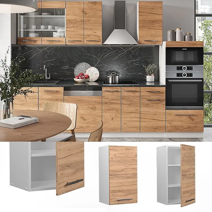 Vicco Schrankküche Fame-Line Goldkraft Eiche - Goldkraft Eiche, Hängeschrank 40 cm - Moderne Küchenschränke mit Eichenholz-Optik-Fronten und eleganten Griffen.