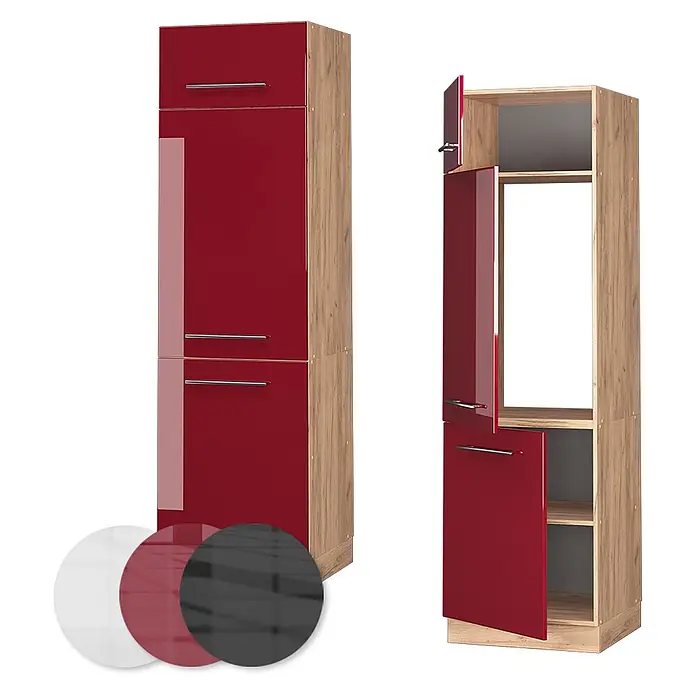 Vicco Schrankküche Fame-Line Bordeaux Hochglanz - Bordeaux Hochglanz, Kühlumbauschrank 60 cm - Hoher Küchenschrank mit glänzenden roten Türen und Holzdekorrahmen, geschlossen und offen mit Regalen gezeigt.