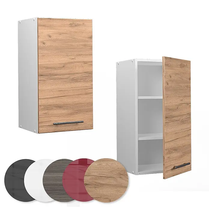 Vicco Schrankküche Fame-Line Goldkraft Eiche - Goldkraft Eiche, Hängeschrank 40 cm - Wandhängeschrank mit Holzdekor-Tür, weißem Korpus und Metallgriff, geschlossen und offen mit Einlegeböden gezeigt. Inklusive Materialmuster.
